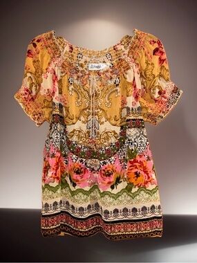 Forbidden Boho Floral Peasant Tunic Top in Mustard and Pink-L-EC